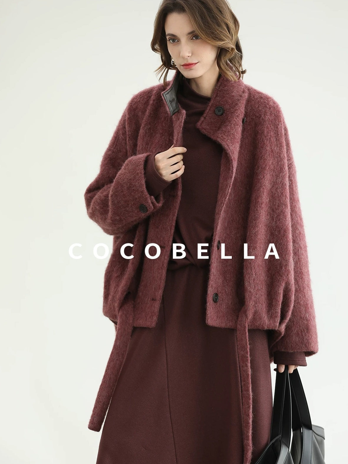 COCOBELLA Warm Wool Blend Stand Collar Belted Buttoned Loose Ol Women Berry Red Jackets