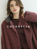 COCOBELLA Warm Wool Blend Stand Collar Belted Buttoned Loose Ol Women Berry Red Jackets