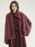 COCOBELLA Warm Wool Blend Stand Collar Belted Buttoned Loose Ol Women Berry Red Jackets