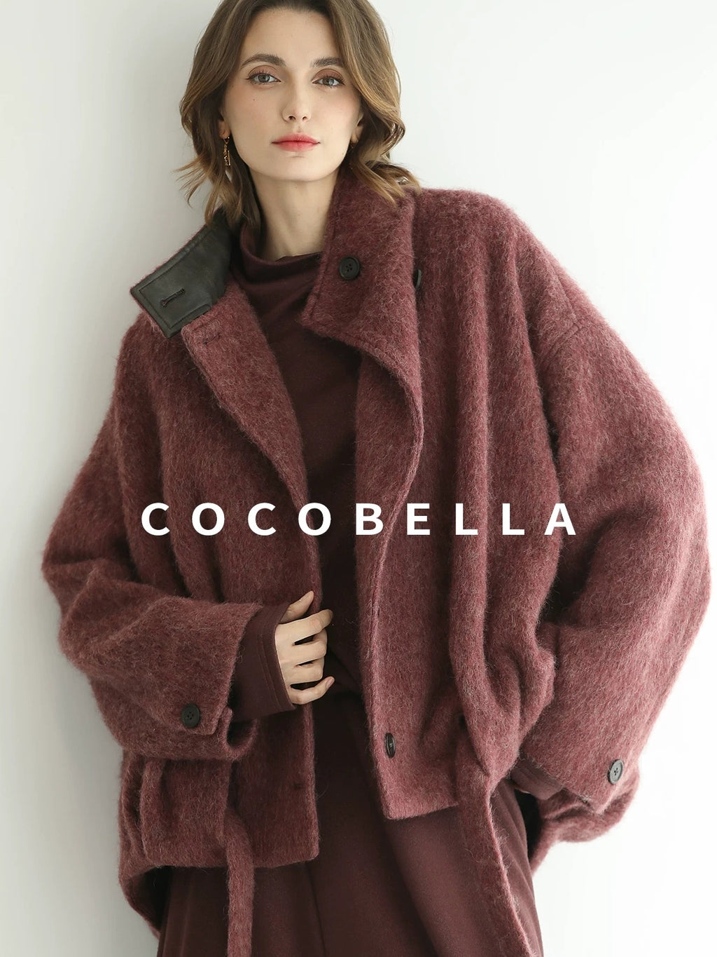 COCOBELLA Warm Wool Blend Stand Collar Belted Buttoned Loose Ol Women Berry Red Jackets