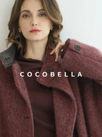 COCOBELLA Warm Wool Blend Stand Collar Belted Buttoned Loose Ol Women Berry Red Jackets