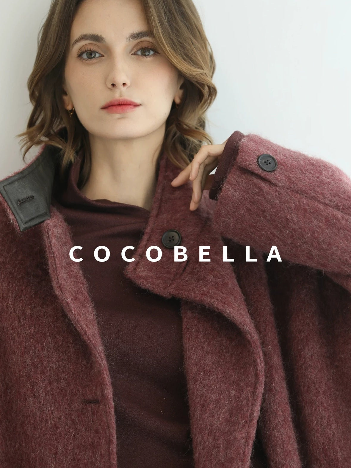 COCOBELLA Warm Wool Blend Stand Collar Belted Buttoned Loose Ol Women Berry Red Jackets