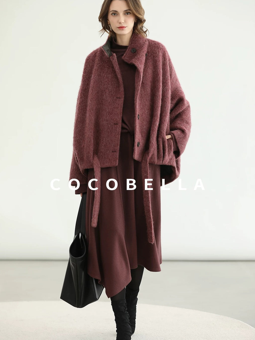COCOBELLA Warm Wool Blend Stand Collar Belted Buttoned Loose Ol Women Berry Red Jackets