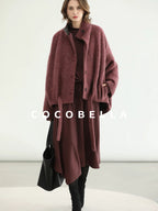 COCOBELLA Warm Wool Blend Stand Collar Belted Buttoned Loose Ol Women Berry Red Jackets