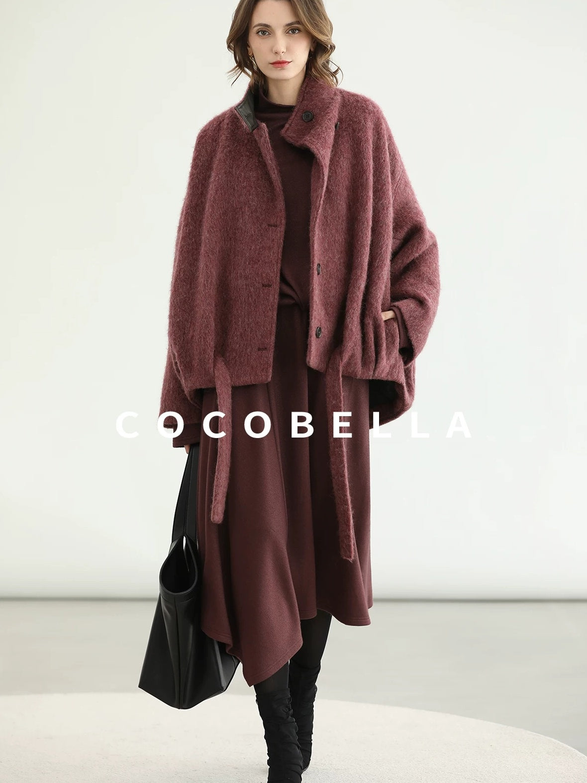 COCOBELLA Warm Wool Blend Stand Collar Belted Buttoned Loose Ol Women Berry Red Jackets