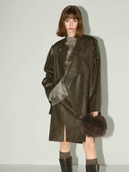 COCOBELLA Washed Distressed Pu Oversized Street Long Sleeve Brown Leather Jackets