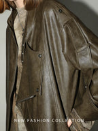 COCOBELLA Washed Distressed Pu Oversized Street Long Sleeve Brown Leather Jackets