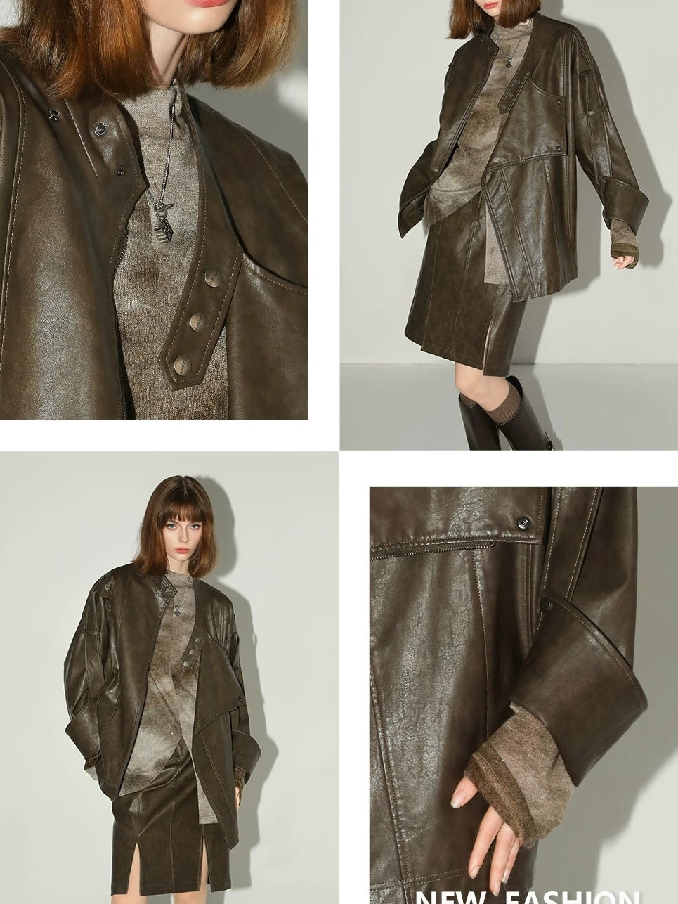 COCOBELLA Washed Distressed Pu Oversized Street Long Sleeve Brown Leather Jackets