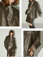 COCOBELLA Washed Distressed Pu Oversized Street Long Sleeve Brown Leather Jackets