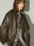 COCOBELLA Washed Distressed Pu Oversized Street Long Sleeve Brown Leather Jackets