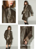 COCOBELLA Washed Distressed Pu Oversized Street Long Sleeve Brown Leather Jackets