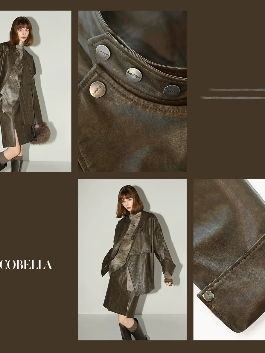 COCOBELLA Washed Distressed Pu Oversized Street Long Sleeve Brown Leather Jackets