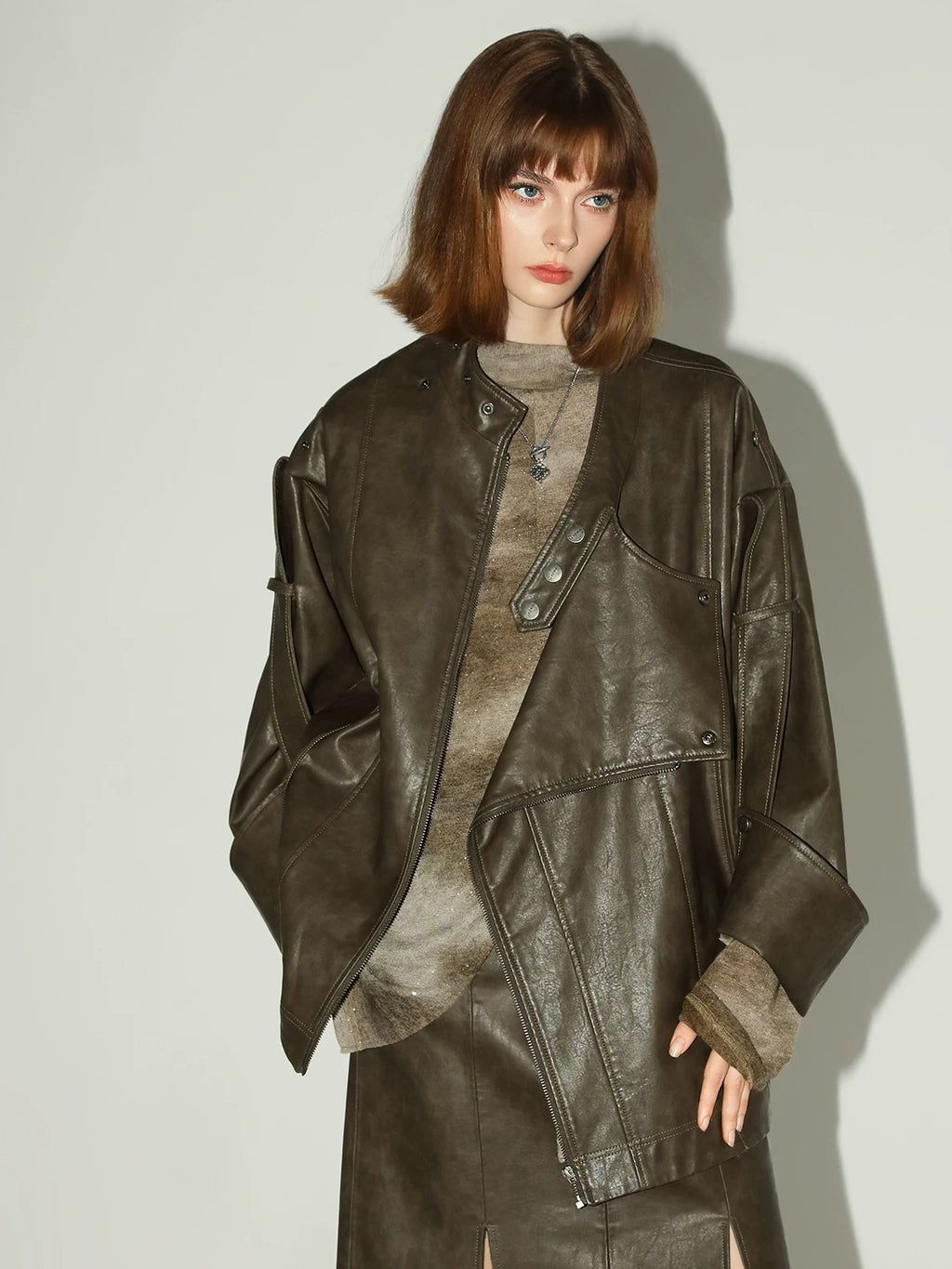 COCOBELLA Washed Distressed Pu Oversized Street Long Sleeve Brown Leather Jackets