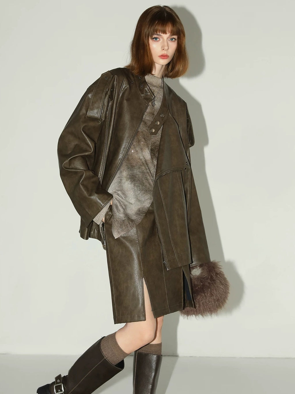 COCOBELLA Washed Distressed Pu Oversized Street Long Sleeve Brown Leather Jackets
