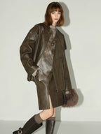 COCOBELLA Washed Distressed Pu Oversized Street Long Sleeve Brown Leather Jackets