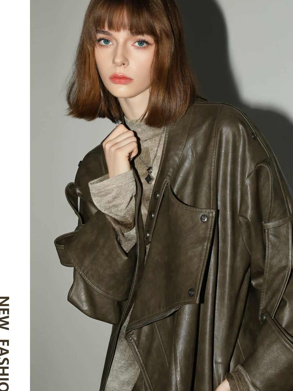 COCOBELLA Washed Distressed Pu Oversized Street Long Sleeve Brown Leather Jackets