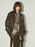 COCOBELLA Washed Distressed Pu Oversized Street Long Sleeve Brown Leather Jackets