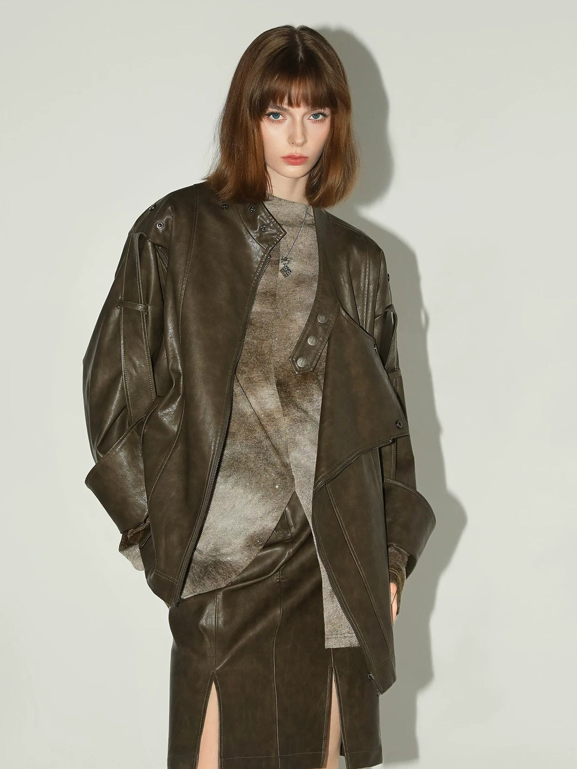 COCOBELLA Washed Distressed Pu Oversized Street Long Sleeve Brown Leather Jackets