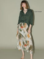 COCOBELLA Watercolor Print 3D Embellished Chinese A Line Mid Waist Viscose Skirts