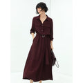 COCOBELLA_Wine_Red_Belted_Long_Sleeve_Polo_Collar_H_Line_Casual_Shirt_Dress_Shirts_MISSTT