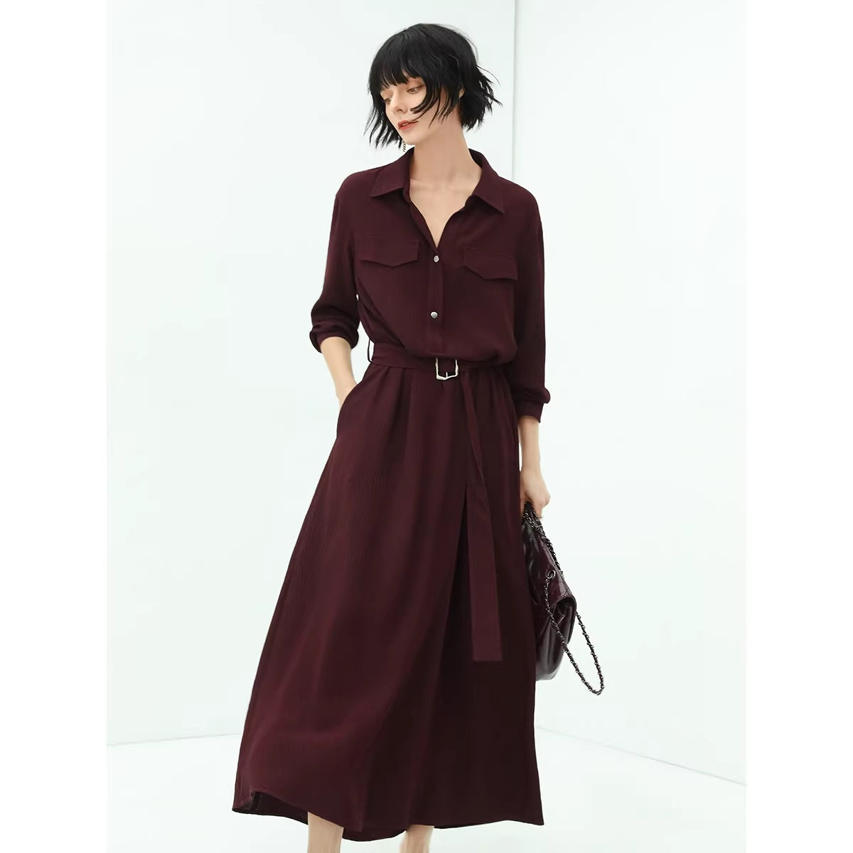 COCOBELLA_Wine_Red_Belted_Long_Sleeve_Polo_Collar_H_Line_Casual_Shirt_Dress_Shirts_MISSTT