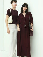 COCOBELLA Wine Red Belted Long Sleeve Polo Collar H Line Casual Shirt Dress Shirts