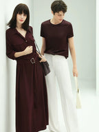 COCOBELLA Wine Red Belted Long Sleeve Polo Collar H Line Casual Shirt Dress Shirts