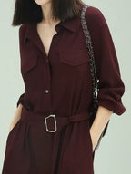 COCOBELLA Wine Red Belted Long Sleeve Polo Collar H Line Casual Shirt Dress Shirts