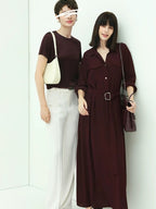 COCOBELLA Wine Red Belted Long Sleeve Polo Collar H Line Casual Shirt Dress Shirts