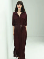COCOBELLA Wine Red Belted Long Sleeve Polo Collar H Line Casual Shirt Dress Shirts