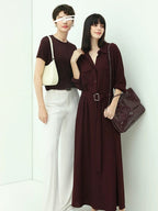 COCOBELLA Wine Red Belted Long Sleeve Polo Collar H Line Casual Shirt Dress Shirts