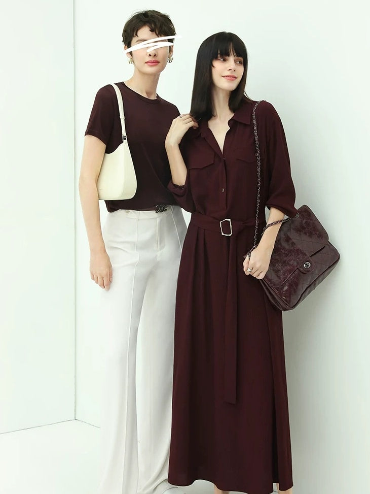 COCOBELLA Wine Red Belted Long Sleeve Polo Collar H Line Casual Shirt Dress Shirts