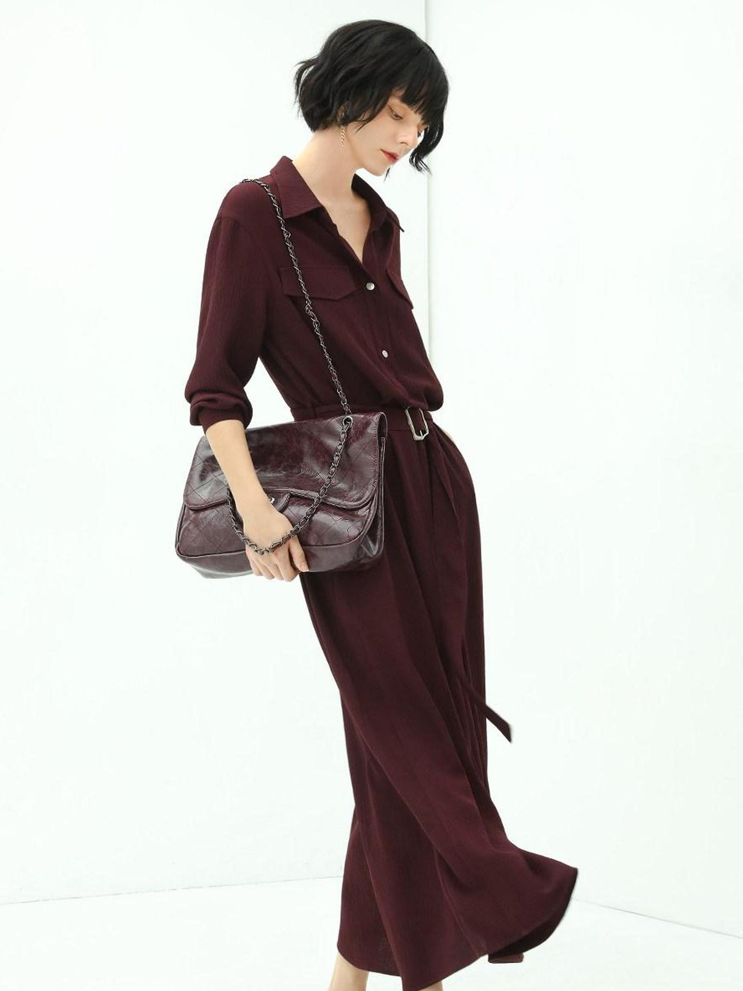 COCOBELLA Wine Red Belted Long Sleeve Polo Collar H Line Casual Shirt Dress Shirts