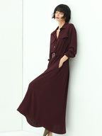 COCOBELLA Wine Red Belted Long Sleeve Polo Collar H Line Casual Shirt Dress Shirts