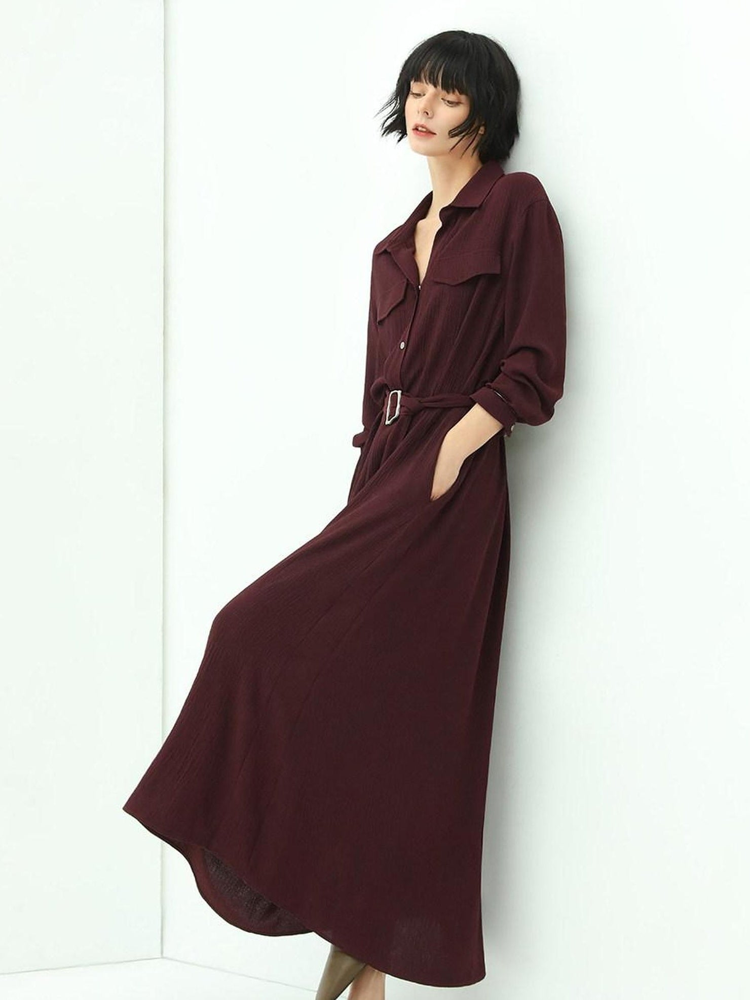 COCOBELLA Wine Red Belted Long Sleeve Polo Collar H Line Casual Shirt Dress Shirts