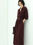 COCOBELLA Wine Red Belted Long Sleeve Polo Collar H Line Casual Shirt Dress Shirts