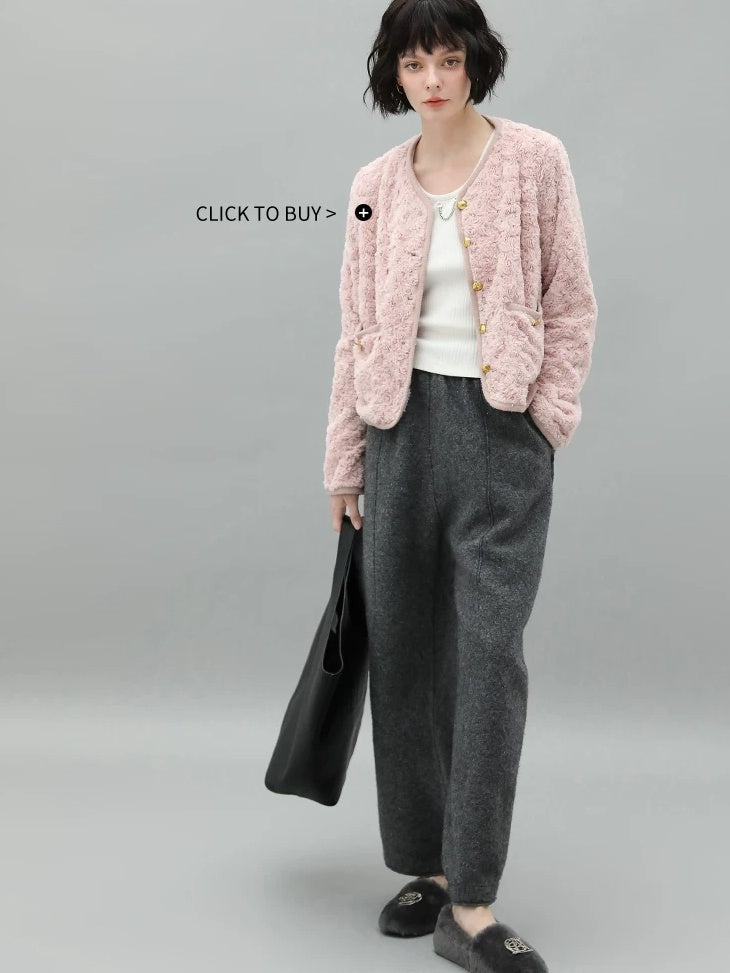 COCOBELLA Wool Blend 3D Tailored Lantern Straight Natural Waist Office Women Pants