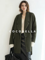 COCOBELLA Wool Blend Belted Overcoat Loose Blazer Midlength Work Seaweed Green Jackets
