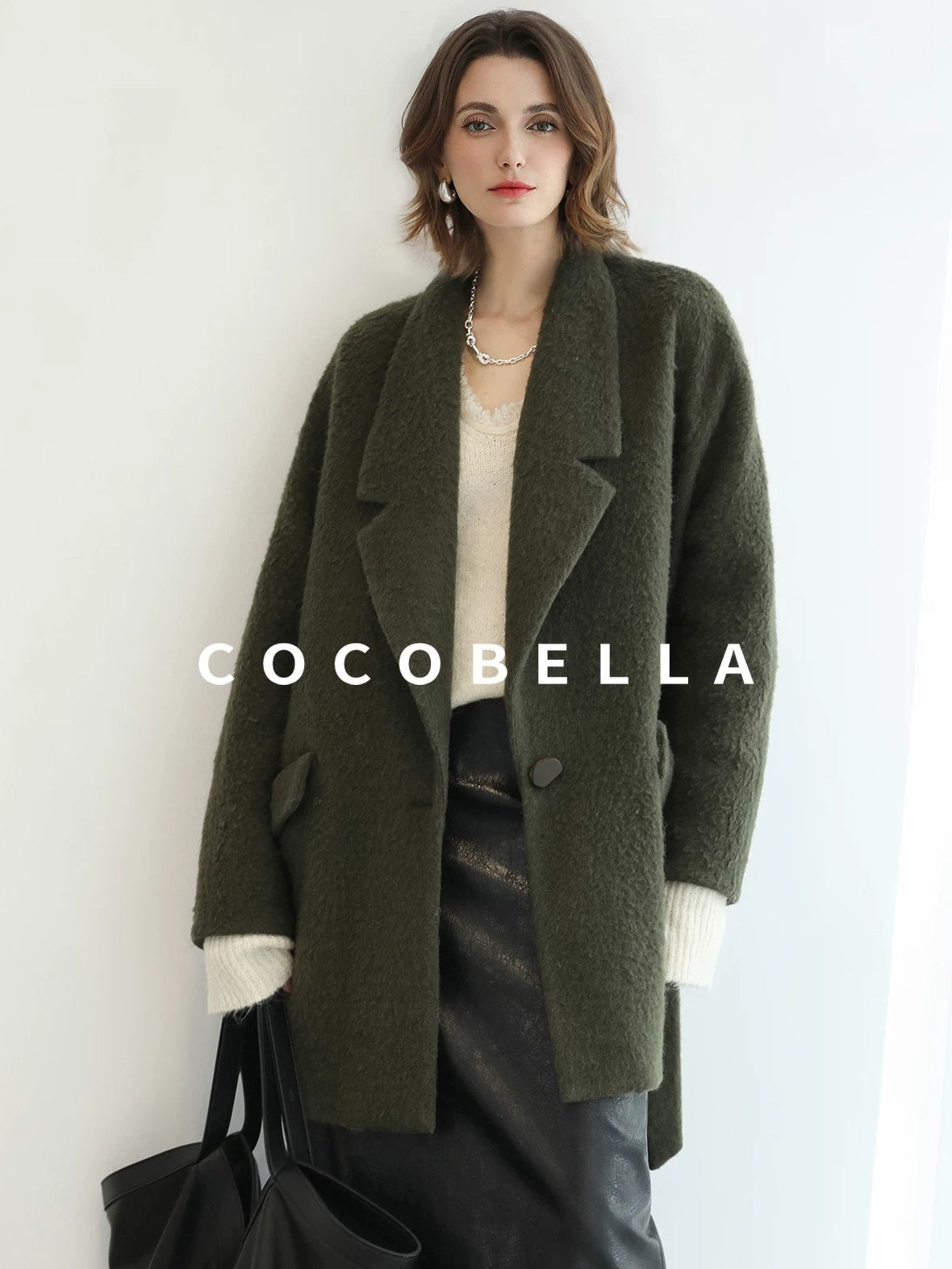COCOBELLA Wool Blend Belted Overcoat Loose Blazer Midlength Work Seaweed Green Jackets