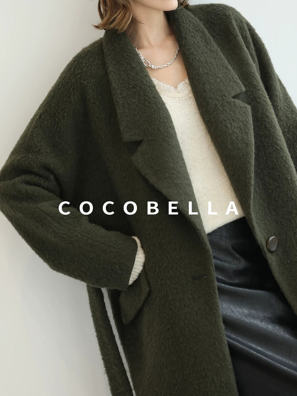 COCOBELLA Wool Blend Belted Overcoat Loose Blazer Midlength Work Seaweed Green Jackets