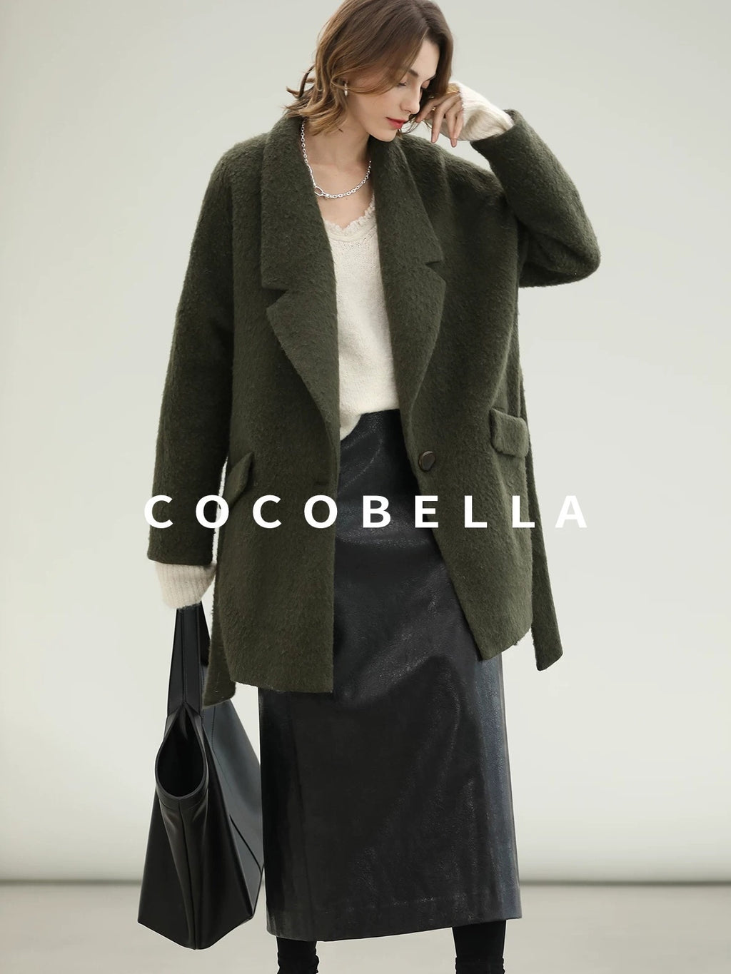 COCOBELLA Wool Blend Belted Overcoat Loose Blazer Midlength Work Seaweed Green Jackets