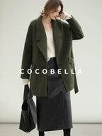 COCOBELLA Wool Blend Belted Overcoat Loose Blazer Midlength Work Seaweed Green Jackets