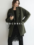 COCOBELLA Wool Blend Belted Overcoat Loose Blazer Midlength Work Seaweed Green Jackets