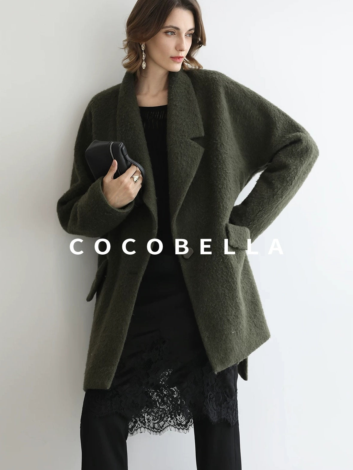 COCOBELLA Wool Blend Belted Overcoat Loose Blazer Midlength Work Seaweed Green Jackets