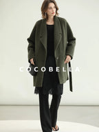 COCOBELLA Wool Blend Belted Overcoat Loose Blazer Midlength Work Seaweed Green Jackets