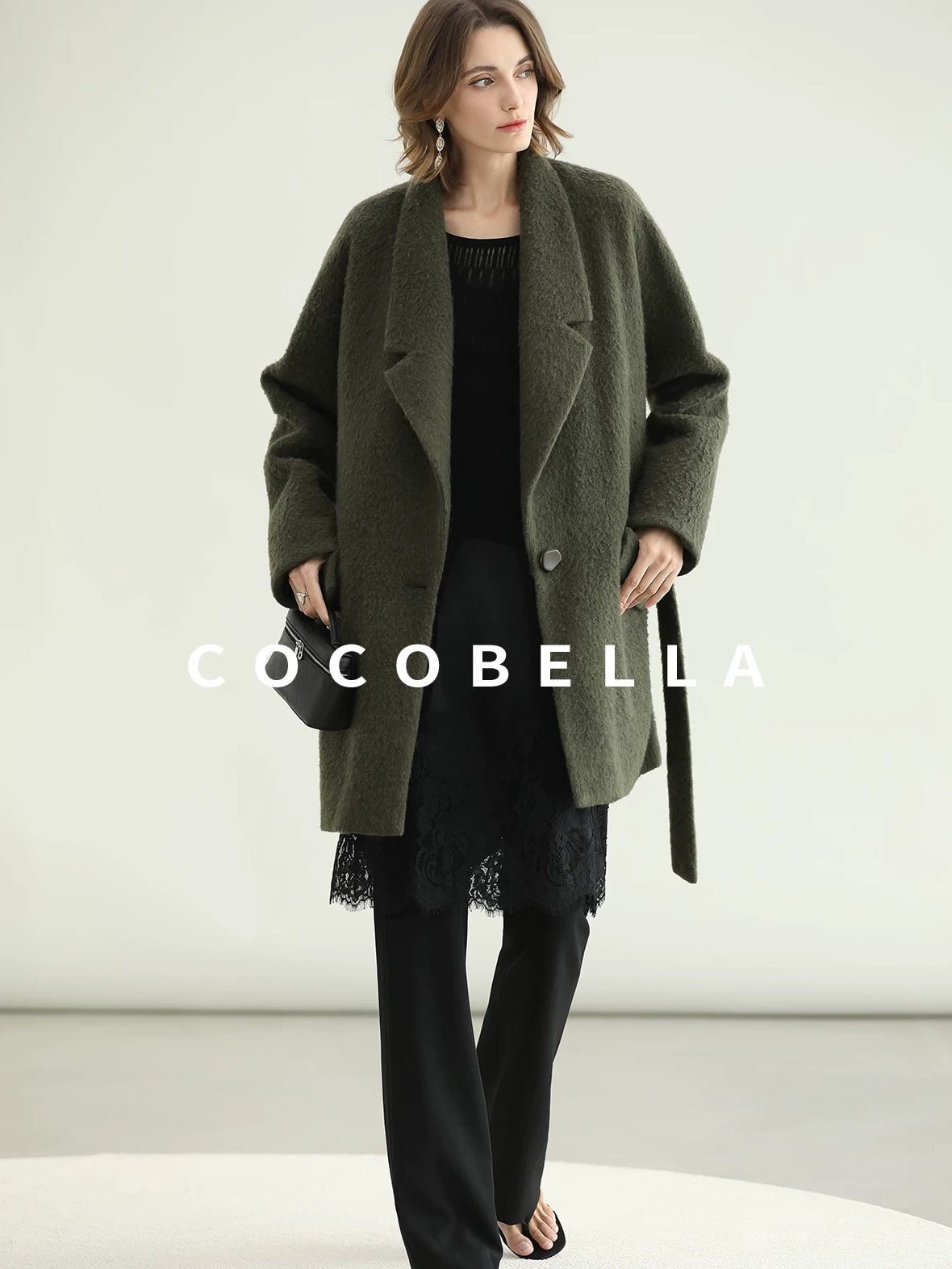COCOBELLA Wool Blend Belted Overcoat Loose Blazer Midlength Work Seaweed Green Jackets