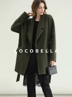 COCOBELLA Wool Blend Belted Overcoat Loose Blazer Midlength Work Seaweed Green Jackets