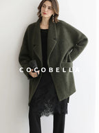 COCOBELLA Wool Blend Belted Overcoat Loose Blazer Midlength Work Seaweed Green Jackets