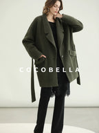 COCOBELLA Wool Blend Belted Overcoat Loose Blazer Midlength Work Seaweed Green Jackets