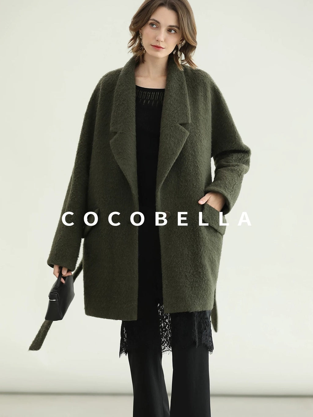 COCOBELLA Wool Blend Belted Overcoat Loose Blazer Midlength Work Seaweed Green Jackets